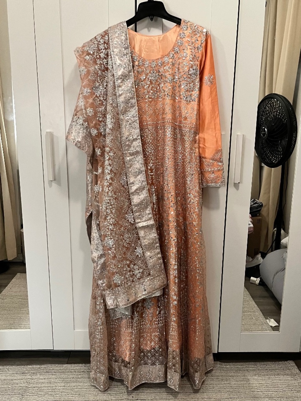 peach orange long desi dress, pakistani indian dress